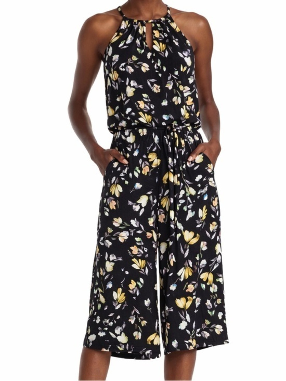 London Times Black and Yellow Floral Halter Jumpsuit US 8- NWT Summer Wedding